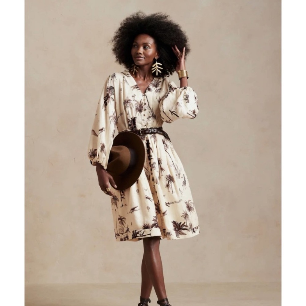 NWT Banana Republic Linen Landscape Safari Print Mini Dress Tie